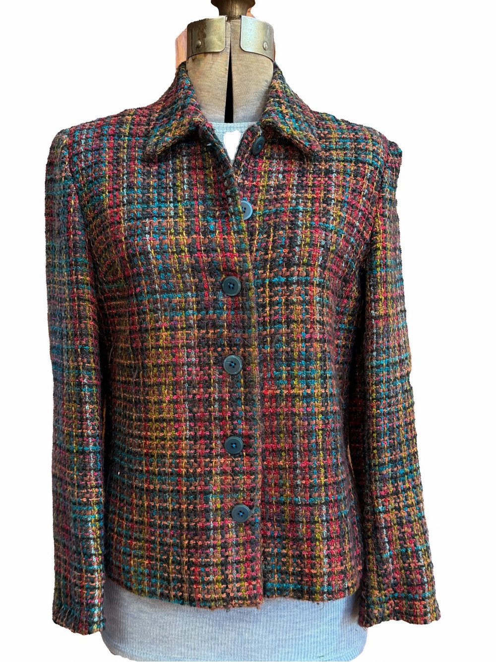 Chadwicks Multi Color Tweed Blazer Jacket Blue Satin Lining Button Up